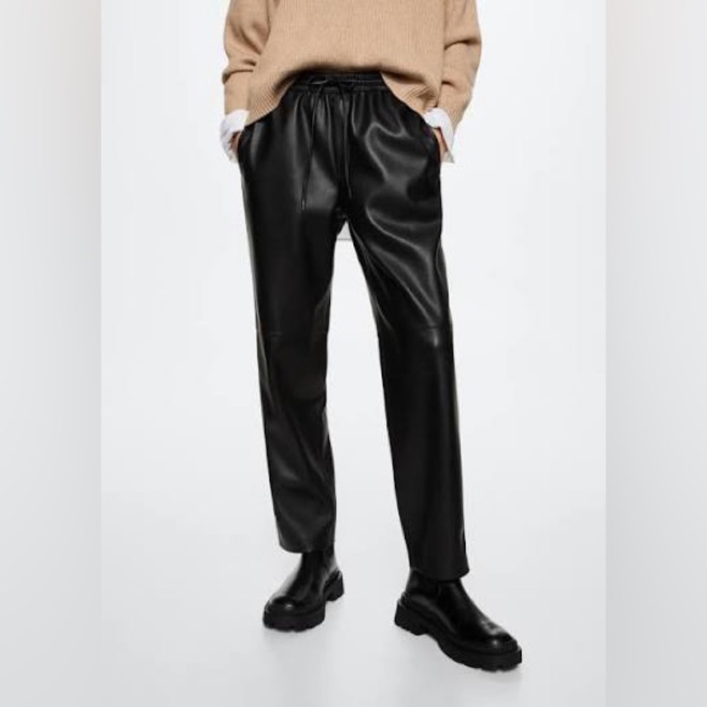 MANGO tie waist faux leather pants
